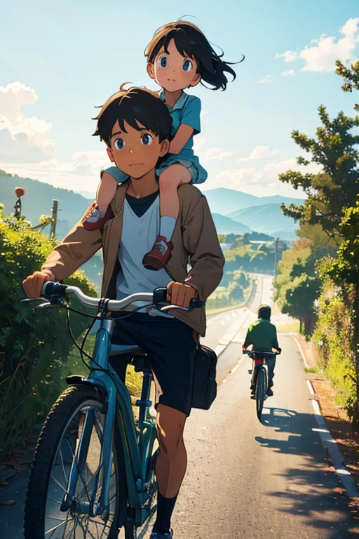 A boy carrying a girl on the front seat of his cycle. They are going down a hill