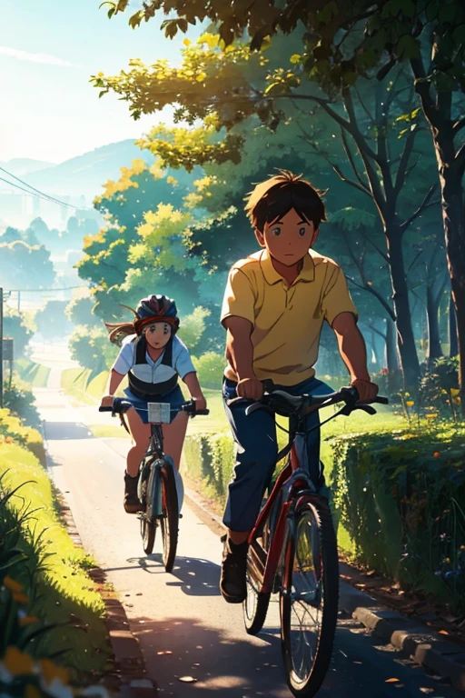 A boy carrying a girl on the front seat of his cycle. They are going down a hill
