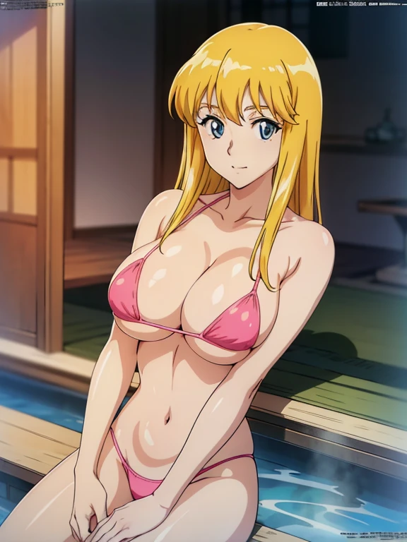 (anime cels style, Masterpiece, best quality, high resolution, anime colored, megami magazine:1.2, anime poster style, anime keyvisual, sharp, 8k, photorealistic), (beautiful eyes:1.5), reiko_aiwaifu, 1girl, blond hair, long hair, (sagging huge breast), micro bikini, cleavage, (upper body:1.3), sitting, (perfect detailed anatomy, perfect arms, perfect fingers, beautiful face, perfect body, shiny skin), onsen, 