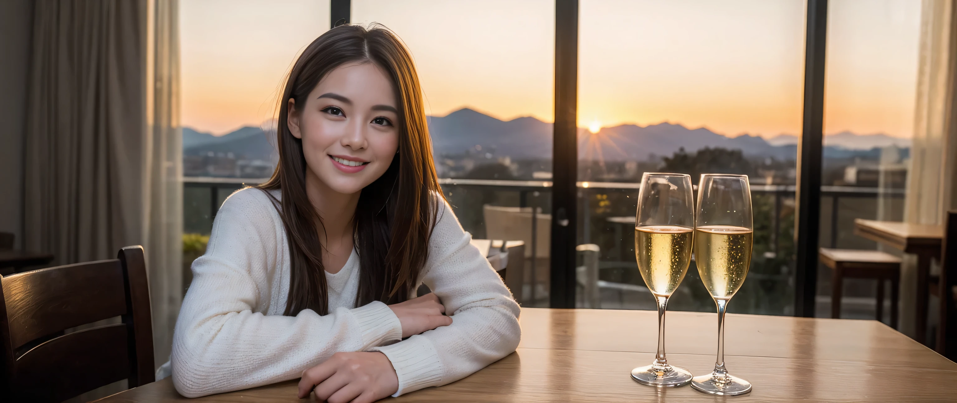 ((highest quality、8k、masterpiece:1.3))、Sharp focus:1.2、Beautiful woman perfect body:1.4、Slim body、((Bob Hale、Straight hair:1.2))、(to be born, highest quality, masterpiece:1.5), (Realistic, Intricate details:1.2), Ultra-high resolution, Amazing view of the sunset sky and clouds、Amazing mountain views、A bright smile、A lovely woman with a smile、Bright image、2. The beauty of wine, Beautiful Face, blue eyes, The light shines on your face, Blushing, short hair,Bright Face、Fox face、 (42 years old), 39 years old, Lady、red wine 、Appetizers、Italian food、Wine bottle、Champagne、sparkling wine、Two beauties、Brown Hair、Shortcuts、Long sleeve shirt、dress、Pretty Woman 1, (Slim face), (The body is slim), (Brown Hair), (Shortcuts), cheeks turn a little red,Attractive beauty、, Out of the window, A beautiful and detailed night view unfolds.........., restaurant, In a prominent place (From the waist up) Nova Frog Style, actress, model, Upper Body, White wine, slim, wine glass, A wine glass placed in the middle, smile, (smile: 1.15), Beautiful fine grain, Depth f/2,saturation, High Contrast, Strong light and shadow,Moist Body:1.5、3D texture、Delicate eyes、Brown Hair、The hair is very shiny、