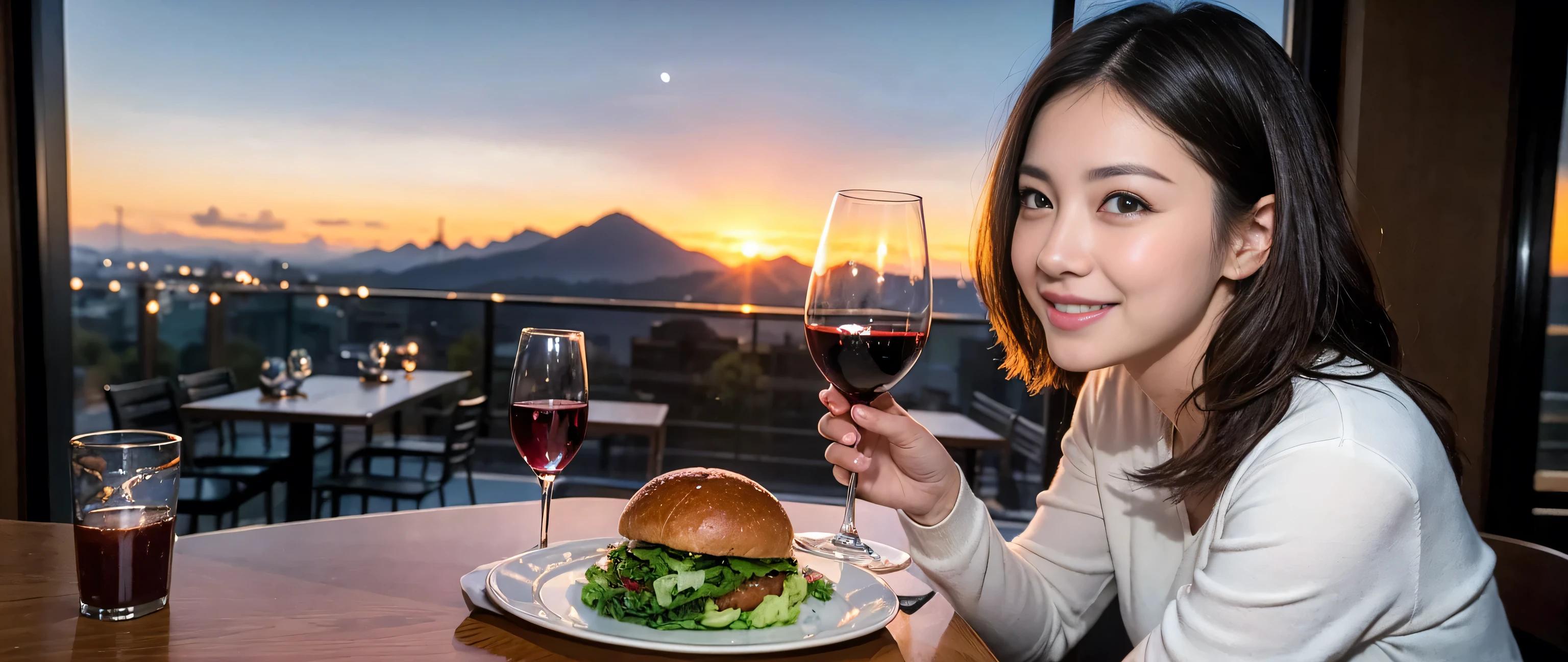 ((highest quality、8k、masterpiece:1.3))、Sharp focus:1.2、Beautiful woman perfect body:1.4、Slim body、((Bob Hale、Straight hair:1.2))、(to be born, highest quality, masterpiece:1.5), (Realistic, Intricate details:1.2), Ultra-high resolution, Amazing view of the sunset sky and clouds、Amazing mountain views、A bright smile、A lovely woman with a smile、Bright image、2. The beauty of wine, Beautiful Face, blue eyes, The light shines on your face, Blushing, short hair,Bright Face、Fox face、 (42 years old), 39 years old, Lady、red wine 、Appetizers、Italian food、Wine bottle、Champagne、sparkling wine、Two beauties、Brown Hair、Shortcuts、Long sleeve shirt、dress、Pretty Woman 1, (Slim face), (The body is slim), (Brown Hair), (Shortcuts), cheeks turn a little red,Attractive beauty、, Out of the window, A beautiful and detailed night view unfolds.........., restaurant, In a prominent place (From the waist up) Nova Frog Style, actress, model, Upper Body, White wine, slim, wine glass, A wine glass placed in the middle, smile, (smile: 1.15), Beautiful fine grain, Depth f/2,saturation, High Contrast, Strong light and shadow,Moist Body:1.5、3D texture、Delicate eyes、Brown Hair、The hair is very shiny、