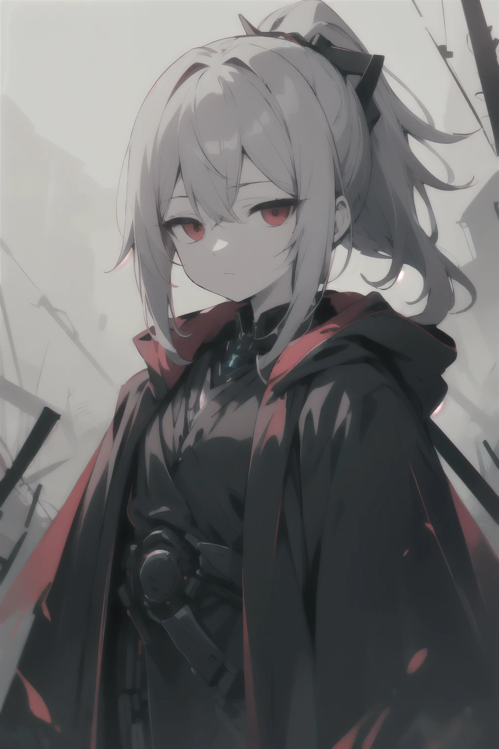 One , alone, Outdoor, Gray Hair, ponytail, Red eyes, Overgrown, Pale skin, Expressionless, Cold attitude, Flat Chest, (Black Robe) Black blouse, Futuristic, Half-closed eyes, alone, (Mechanical Body)