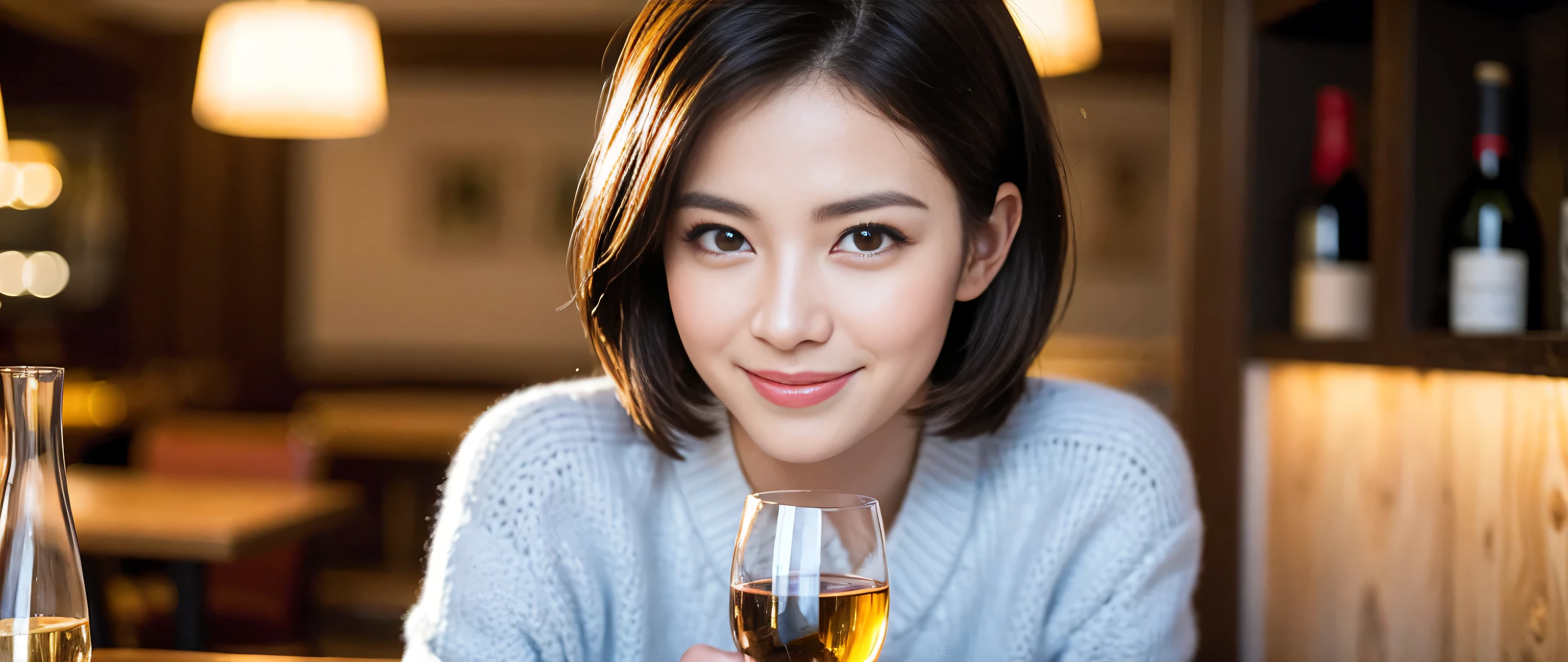 ((highest quality、8k、masterpiece:1.3))、Beautiful woman perfect body:1.4、Slim body、((Bob Hale、Straight hair:1.2))、 Ultra-high resolution, Bright image、2 people. The beauty of wine, Beautiful Face, blue eyes, Beautiful Eyes, The light shines on your face, Blushing your nose, short hair,Amazing view of the sunset sky and clouds、Amazing mountain views、A bright smile、A lovely woman with a smile、Bright Face、Fox face、Lady、Champagne、Wine bottle、wine glass、red wine 、Appetizers、Italian food、Two beauties、Brown Hair、Shortcuts、Long sleeve shirt、Winter Fashion、dress、Wine bottle、sparkling wine、Pretty Woman 1, (Slim face), (Brown Hair), (Shortcuts), cheeks turn a little red, (42 years old), 39 years old, Attractive beauty、restaurant, Nova Frog Style, actress, model, Upper Body, White wine, slim, wine glass, A wine glass placed in the middle, smile, (smile: 1.15), Beautiful Eyes, Strong light and shadow,Moist Body:1.5、Delicate eyes、Brown Hair、The hair is very shiny、