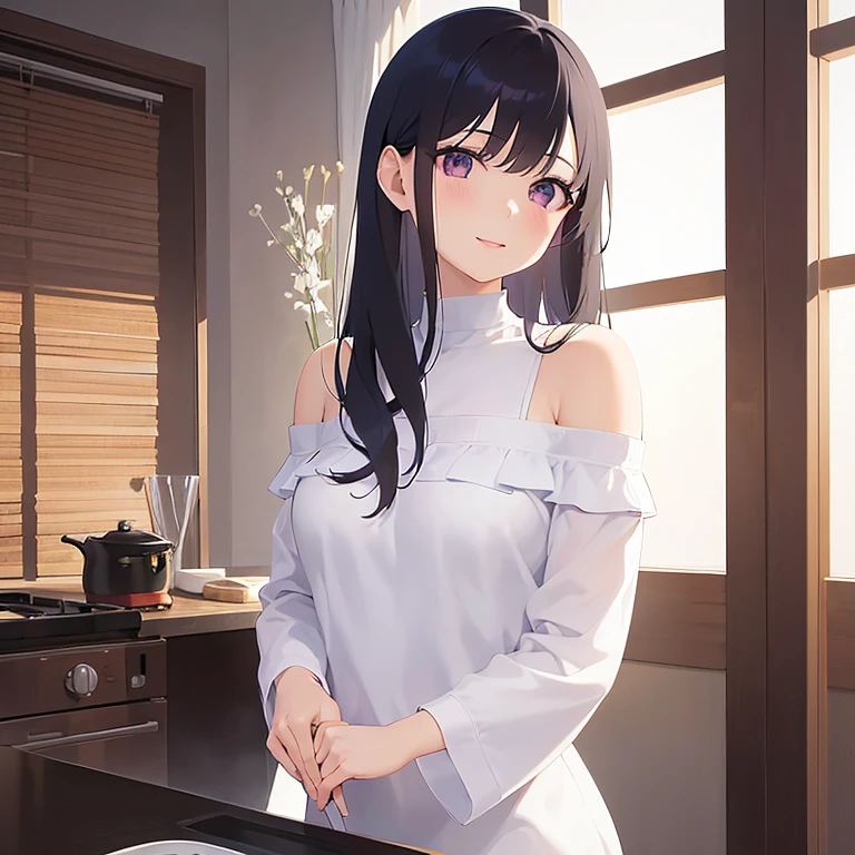 look back, smile, Open your mouth, Upper Body, Realistic, Real person, (青whiteい肌: 1.2), Shiny skin, Shiny Hair、(A 30-year-old woman with straight hair and bangs) and (Medium Hair) and (Black Hair) and (Purple eyes) , (white:1.5) and (Off-the-shoulder blouse) and (Long sleeve)、Are standing、The background is the kitchen、alone、