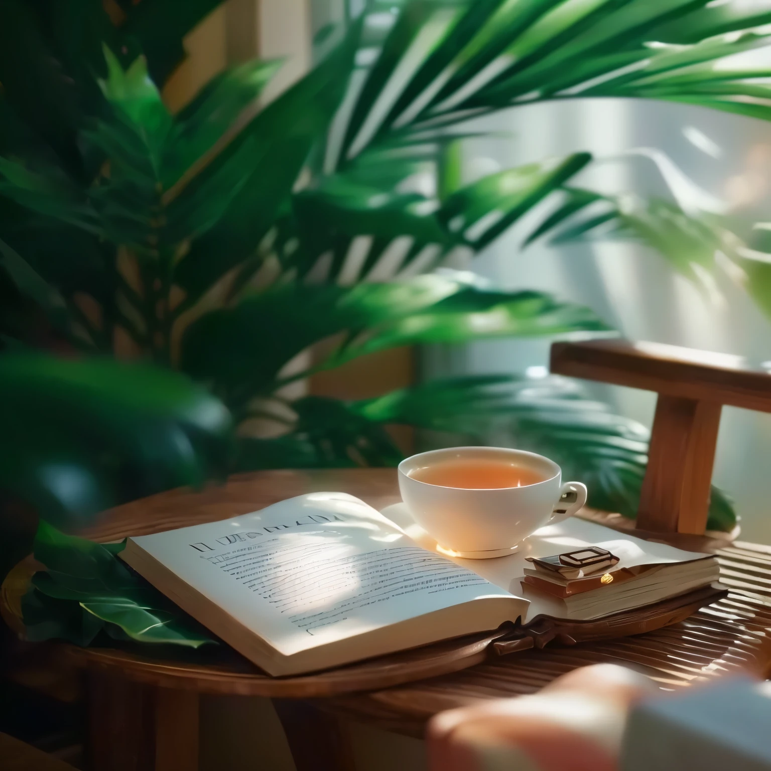 there is a book and a cup of tea on a table, Close-up HD photos,Relax atmosphere, Cozy cafe background, Relax, Morning time, Morning mood, sony camera