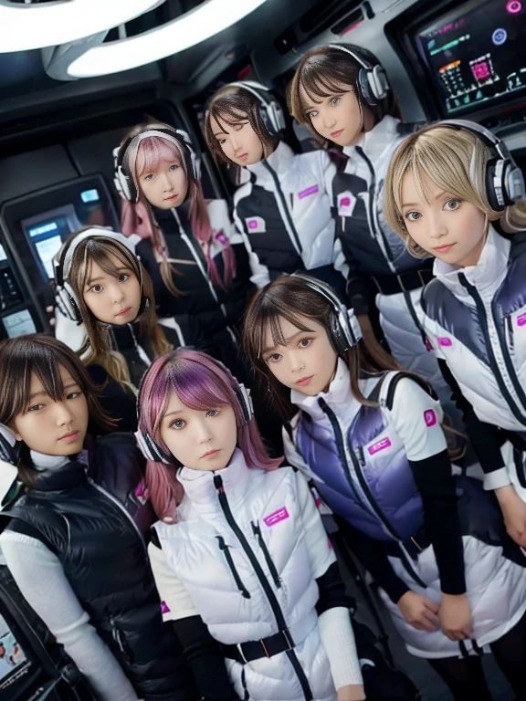 （Seven girls and one boy），（7 girls in a row）,（Brunette color hair, Black-eyed ，Blonde ，White haired red eyed ，Purple hair and heterochromatic pupils ，Pink Hair, Green Eyes, change）,(astrovest):3,headphones,Smart,futuristic space Classroom Background,BREAK inside spaceship room