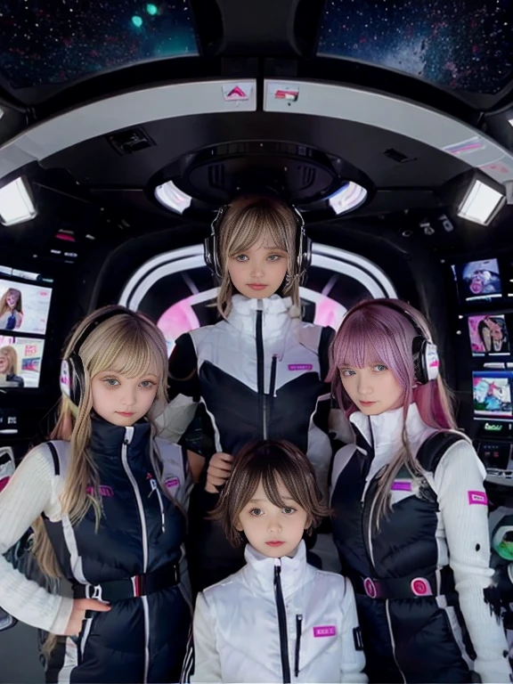 （Seven girls and one boy），（7 girls in a row）,（Brunette color hair, Black-eyed ，Blonde ，White haired red eyed ，Purple hair and heterochromatic pupils ，Pink Hair, Green Eyes, change）,(astrovest):3,headphones,Smart,futuristic space Classroom Background,BREAK inside spaceship room