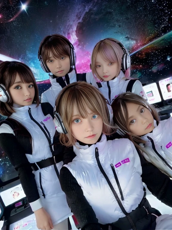 （Seven girls and one boy），（7 girls in a row）,（Brunette color hair, Black-eyed ，Blonde ，White haired red eyed ，Purple hair and heterochromatic pupils ，Pink Hair, Green Eyes, change）,(astrovest):3,headphones,Smart,futuristic space Classroom Background,BREAK inside spaceship room