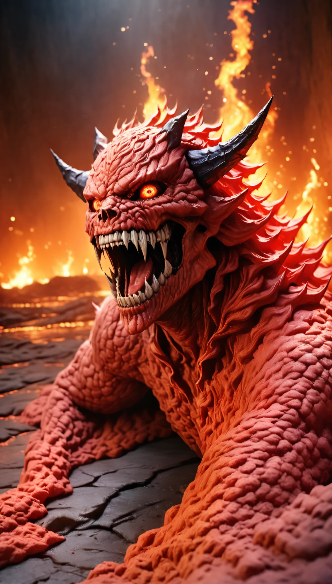 lava demon,demonic figure,lava body,flames swirling,lava river,volcanic background,dark color palette,horror atmosphere,(best quality,4k,8k,highres,masterpiece:1.2),ultra-detailed,(realistic,photorealistic,photo-realistic:1.37),HDR,UHD,studio lighting,ultra-fine painting,sharp focus,physically-based rendering,extreme detail description,professional,vivid colors,bokeh,horror,landscape,fiery reds and dark blacks,sinister lighting.