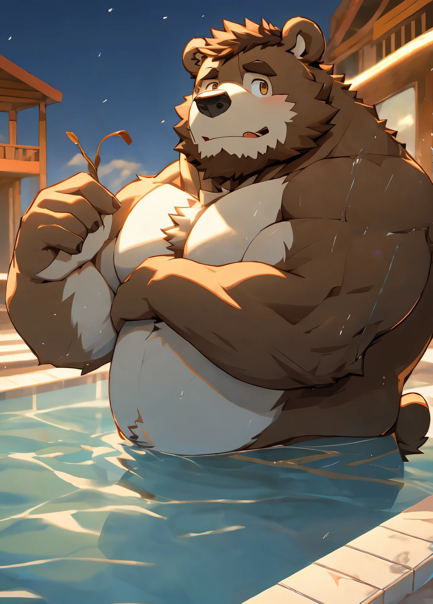 (masterpiece),(Very detailed),(best quality), hairy,Aa,Chubby,Bear,Brown fur,Dynamic,Calm,Vivid eyes,Funny emoticons,Brown pupils,((Only the lower body is wrapped in a bath)),8k, (high quality),(Ultra HD), (Ultra Detailed)(from head to foot)(Public bath),The crotch is raised, Detailed facial depiction,Standing