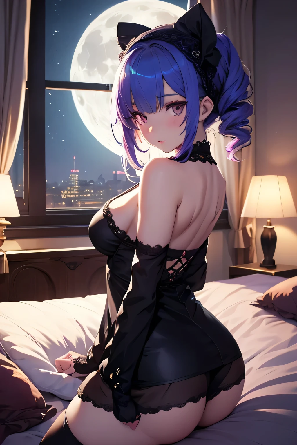 On the night, animated girl on a bed , big windows with moon, the girl have rainbow colors hair's , light ambiance , dentelles, stockings, seductive animated girl, best rated on pixiv, Tendances sur ArtStation pixiv, Anya de la famille Spy X, female character&#39;anime, du jeu vidéo Azur Lane, les gars, (animated girl), style voie d&#39;Azur, lights effects, many colors, HD full details, high quality, different poses