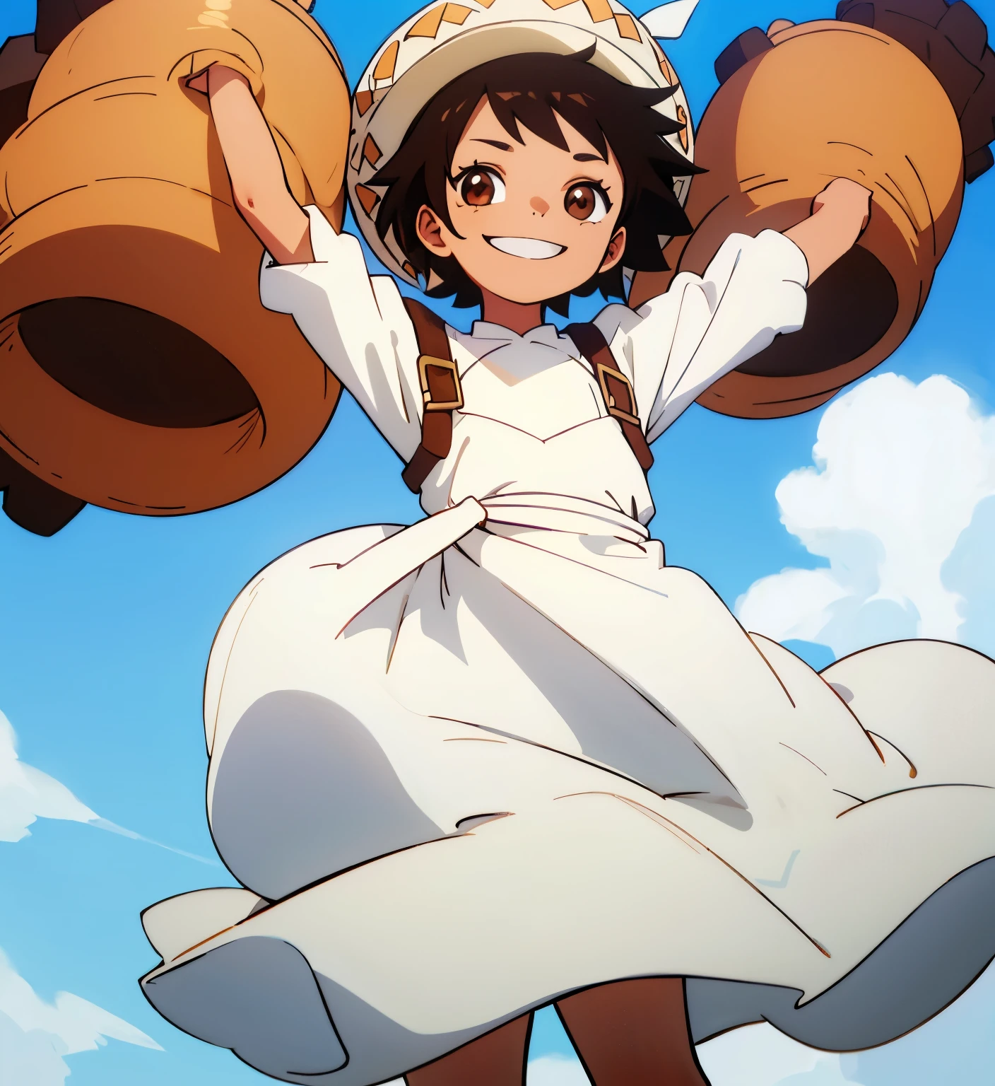 , young girl, black hair, brown skin, dark brown eyes, cute, smile, white clothing, dress,