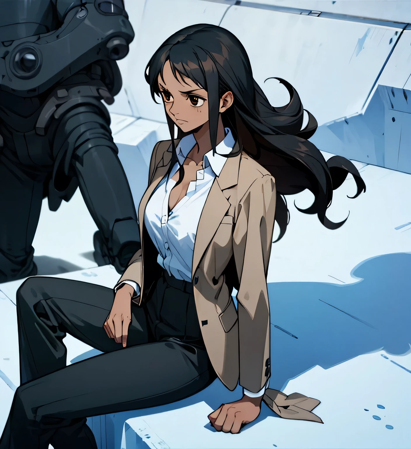 Long black hair, dark brown skin, tan skin, brown eyes, suit, suit jacket over shoulder, white button up unbuttoned and loose, tough expression, cold expression, scars, female, woman, sitting, open legs, black suit, black suit jacket, open white buttoned shirt, black pants