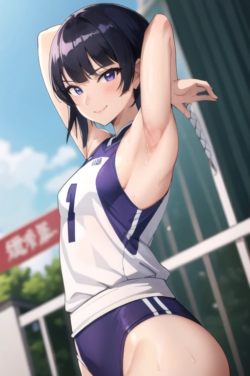 ((best quality)),((highly detailed)),masterpiece,absurdres,detailed face,beautiful face,(detailed eyes, deep eyes),1girl,((dynamic pose)), soifon, black hair, solo, bow, small breasts, cowboy shot, chinese town, outdoors, seductive smile, looking at viewer, wearing purple volleyball uniform, put your hands behind your head, armpits, armpits visible, sweaty armpits,