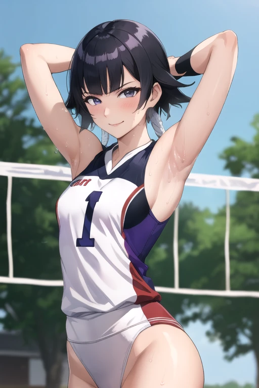 ((best quality)),((highly detailed)),masterpiece,absurdres,detailed face,beautiful face,(detailed eyes, deep eyes),1girl,((dynamic pose)), soifon, black hair, solo, bow, small breasts, cowboy shot, chinese town, outdoors, seductive smile, looking at viewer, wearing purple volleyball uniform, put your hands behind your head, armpits, armpits visible, sweaty armpits,