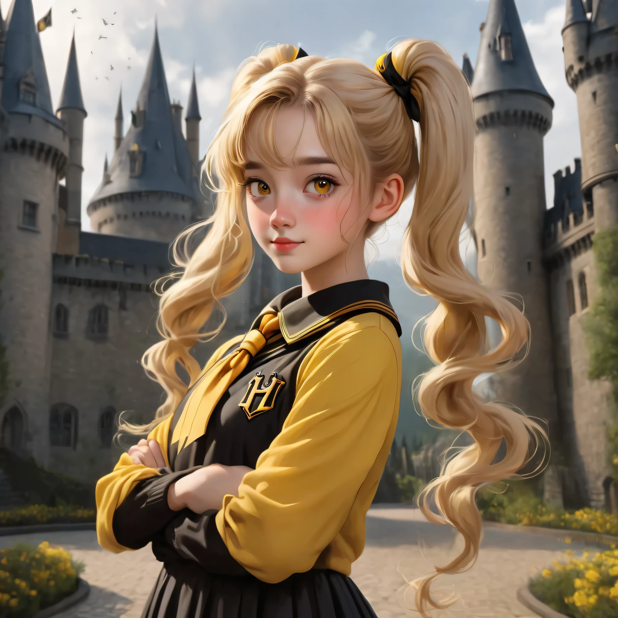 best quality, Masterpiece, student hogwarts, Hufflepuff, I have short blonde twin tails., Beaming, misbehave, freckles, dimensional smoke background, Detailed eyes, detailed face, Fine skin, young man, student, A witch with brown eyes and blonde hair tied into two twin tails and a more serious face., Wear a yellow Hogwarts uniform., Hufflepuff, and in the background, Inside the castle.
