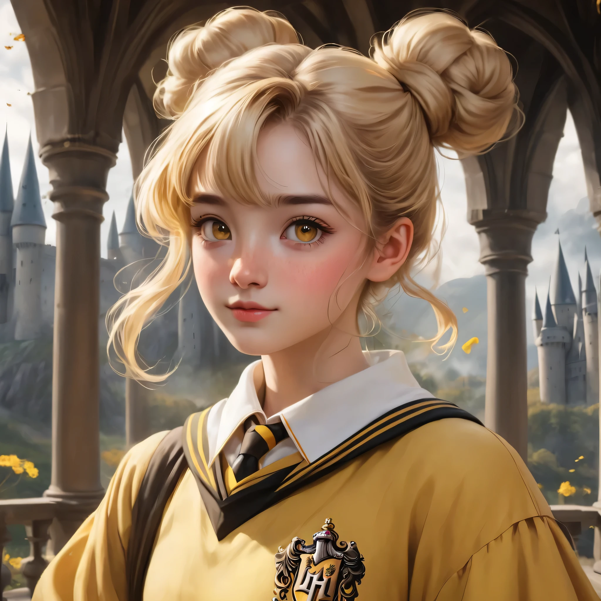 best quality, Masterpiece, student hogwarts, Hufflepuff, I have short blonde twin tails., Beaming, misbehave, freckles, dimensional smoke background, Detailed eyes, detailed face, Fine skin, young man, student, A witch with brown eyes and blonde hair tied into two buns and a more serious face., Wear a yellow Hogwarts uniform., Hufflepuff, and in the background, Inside the castle.