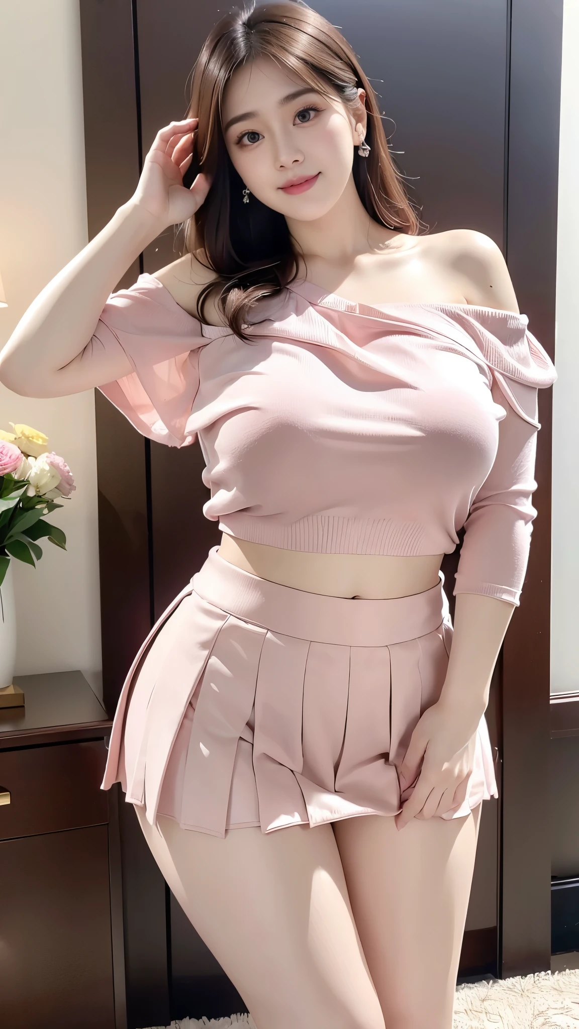 Highly detailed CG Unity 8K wallpapers,(tmasterpie),Huge 、Firm ass、light pink lips、（with rosy cheeks）、(best quality),(super detailed),(Ultra real photo) ,(best character detail: 1.36) ,Nikon D750 F/1.4 55mm,professional lighting,Anatomically accurate proportions、Anatomically accurate limbs、Anatomically accurate fingers 、physics-based rendering, 1girll, ((wearing a pleated mini skirt and a pink, see-through off-the-shoulder top, no underwear)), bangs, updated brown hair, golden ratio,[:(with detailed face:1.2):0.2]: ,Lost innocent face_v1, K-pop idol, broad shoulders,(Biggest bust: 1.5),(Biggest Assa: 1.5), Sweaty, (sitting in the flower park), (smiling)