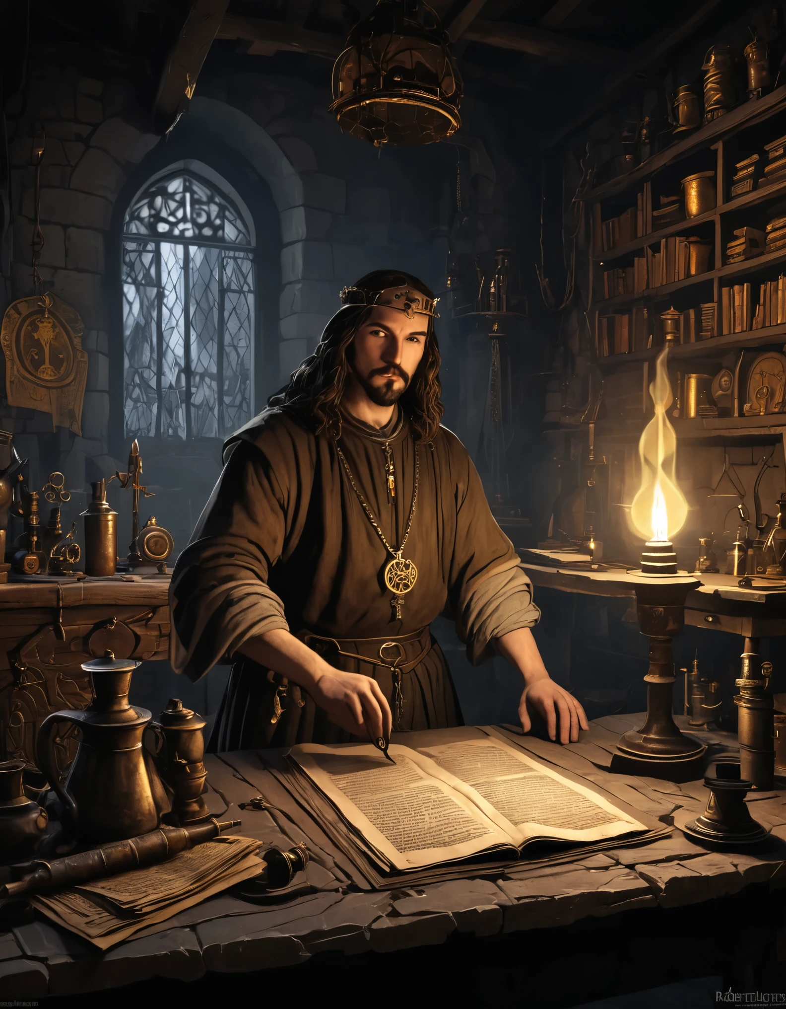 15th century. An alchemist on his medieval workshop. Above his head a shining golden halo ring is visible. He sits behind a work desk, his arms resting on the table. He is facing the camera, looking straight and centered, central portrait, sitting upright, front view, centered, looking straight. Torchlight, indoors, indoor perspective. The room is filled with parchments, strange artifacts, ancient codices and gadgets. The image radiates mystery in the style of ralph horsley darkest dungeon, hyper realistic, highly detailed.