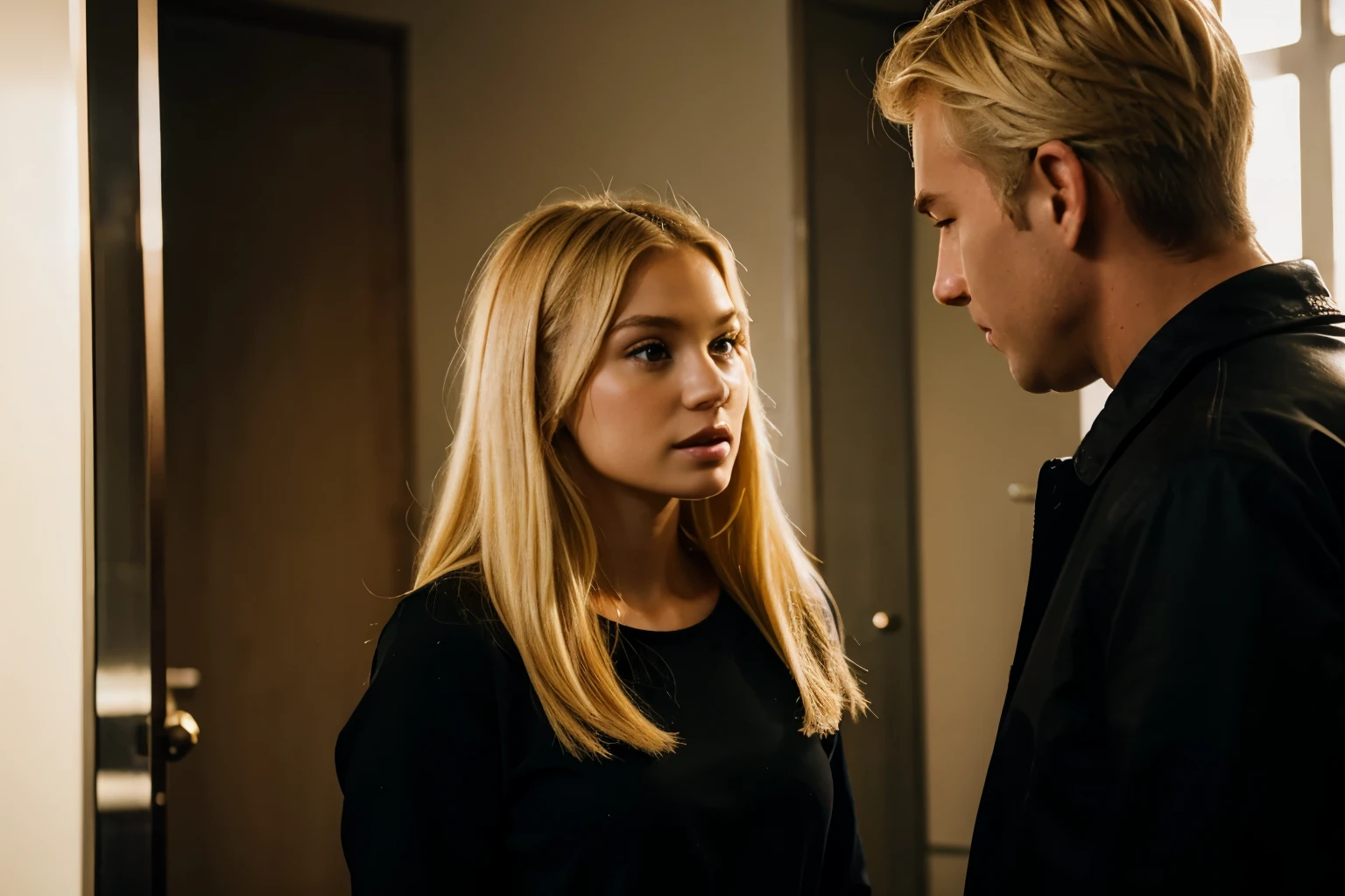 BLONDE WOMAN TALKING TO A MAN