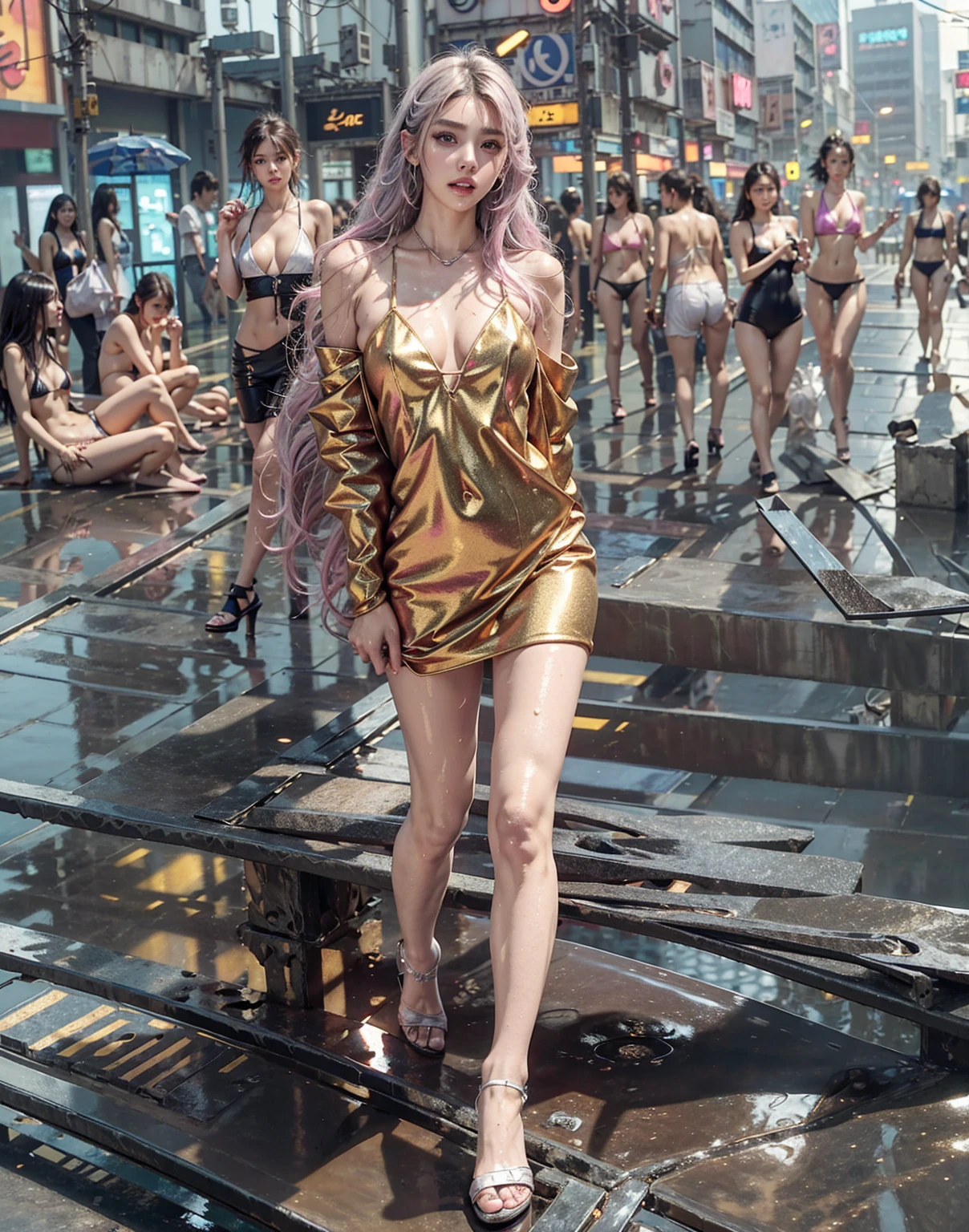 highest quality、surreal、perfect anatomy、Wet and shiny white skin、model body shape、Sweat dripping all over the body、Super small face、Ahegao、Cleavage、Cyberpunk City、Monotone urban tech wear、Pink, black, silver and golden hair、Holding a Japan sword in each hand、Micro Bikini、Neon lights、
