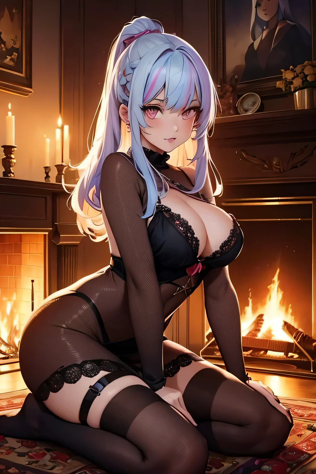 On the night, animated girl on a carpet , big fireplace with fire, the girl have rainbow colors hair's , light ambiance , dentelles, stockings, seductive animated girl, best rated on pixiv, Tendances sur ArtStation pixiv, Anya de la famille Spy X, female character'anime, du jeu vidéo Azur Lane, les gars, (animated girl), style voie d'Azur, lights effects, many colors, HD full details, high quality, different poses