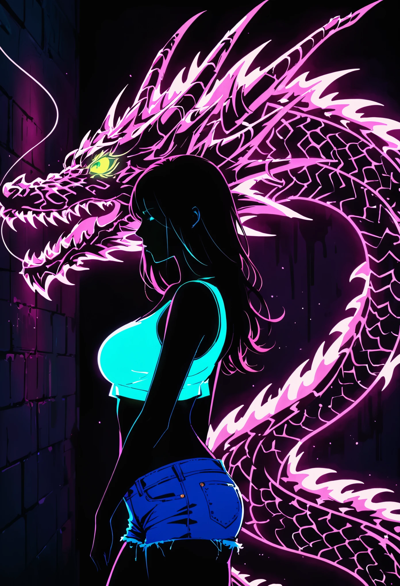 artist by Megan Hess,(blue fluorescent Graffiti of mysterious dragon :2.0),indoor,Fluorescent illumination, (Darkness shrouded, black background, shadow, extreme darkness, Dark atmosphere:3.0),Wall background,black background,silhouette,shadow,extreme darkness,Minimalist graffiti style background,Fluorescent pink eye graffiti,Dark atmosphere,cowboy shot,1girl,(shortest Short shirt cutting1.8),huge Breast,long nipple,nipple embossment,underboob,blurred background,Blurred foreground,Pink fluorescent hair,Fluorescent pink eyes,Hand raised and touching hair,long hair,Messy hair, Low rise denim shorts,Over-the-knee boots,pink eye glowing,Ruined eyeshadow,Poker face