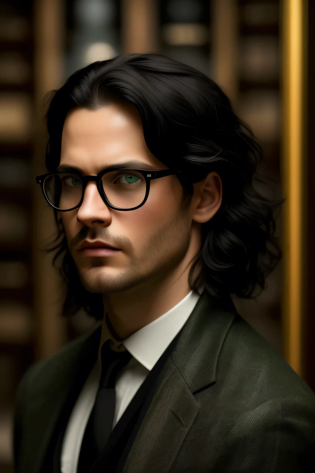 ((best quality)), ((masterpiece)), (detailed), perfect face, Jonathan Sims, green eyes, black hair, glasses, The Magnus archives, the archivist