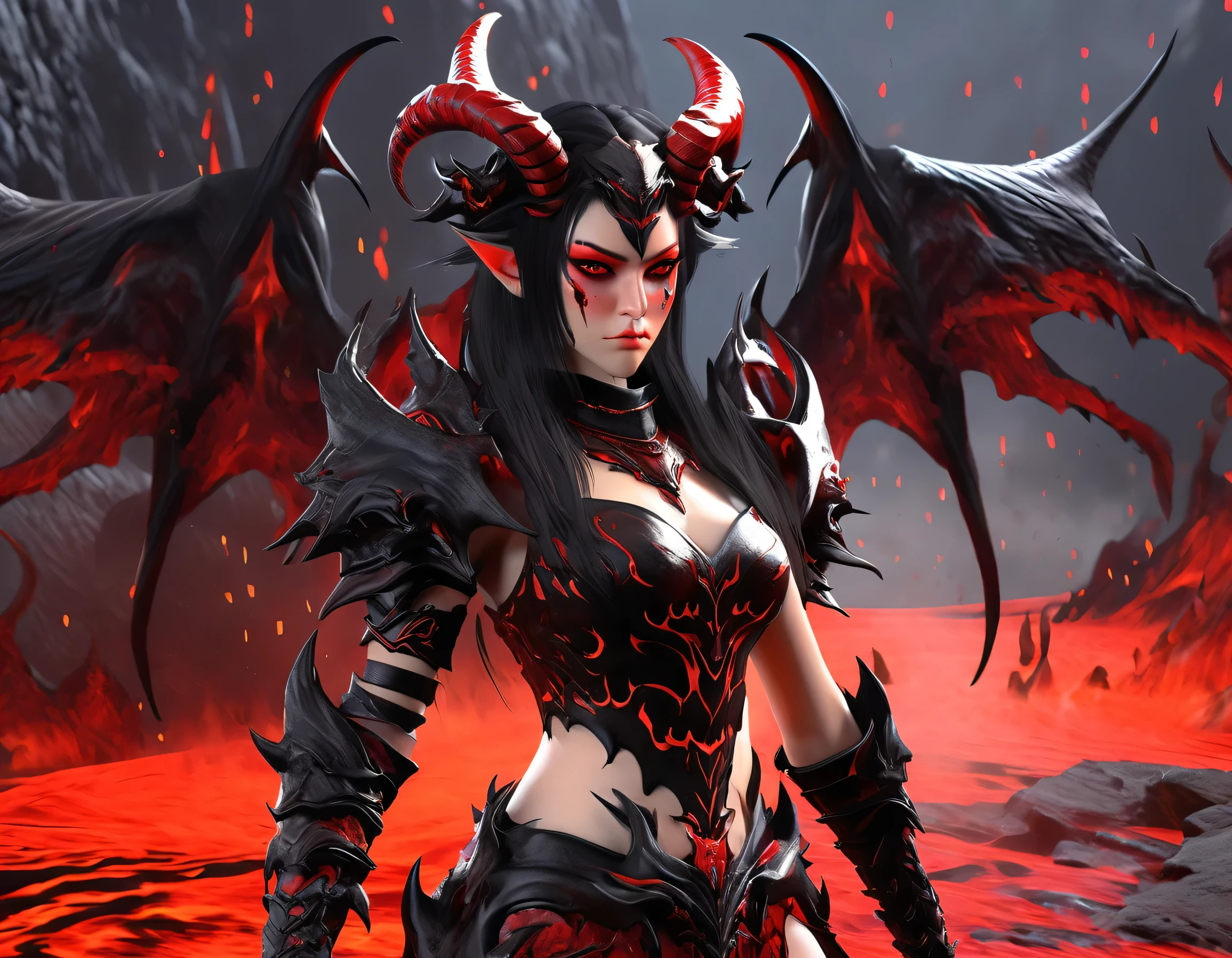 fantasy art, RPG art, masterpiece, a portrait picture o hellish female demon from hell, she has (black horns: 1.2), (black: 1.2) demon wings, (red: 1.3) skin, red lava dripping from her, she wears white armor, hdsrmr, streams of rolling lava, hell in the background, 3d rendering