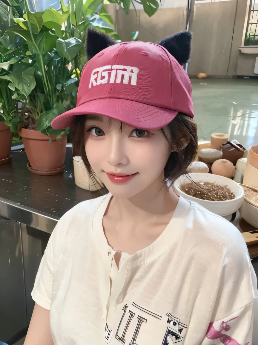 Best image quality、original photo、ultra high resolution、21 years old Korean、small breasts、dynamic angle、Cowboy shooting、The most beautiful form of chaos、elegant、Innovative design、bright colors、,light brown short hair、disheveled hair、light brown eyes 、black baseball cap(Facial expressionSmile)、short bob、Smile、Fair and shiny skin、beautiful eyes,random colors、The details are very beautiful、thin lips、Delicate and beautiful eyes、elongated eyes、Pale pink cheeks、long eyelashes、beautiful double eyelids、eye shadow、he、White Large T-shirt Sweatshirt、baggy pants、Shot from the side、sexy pose、enlarge