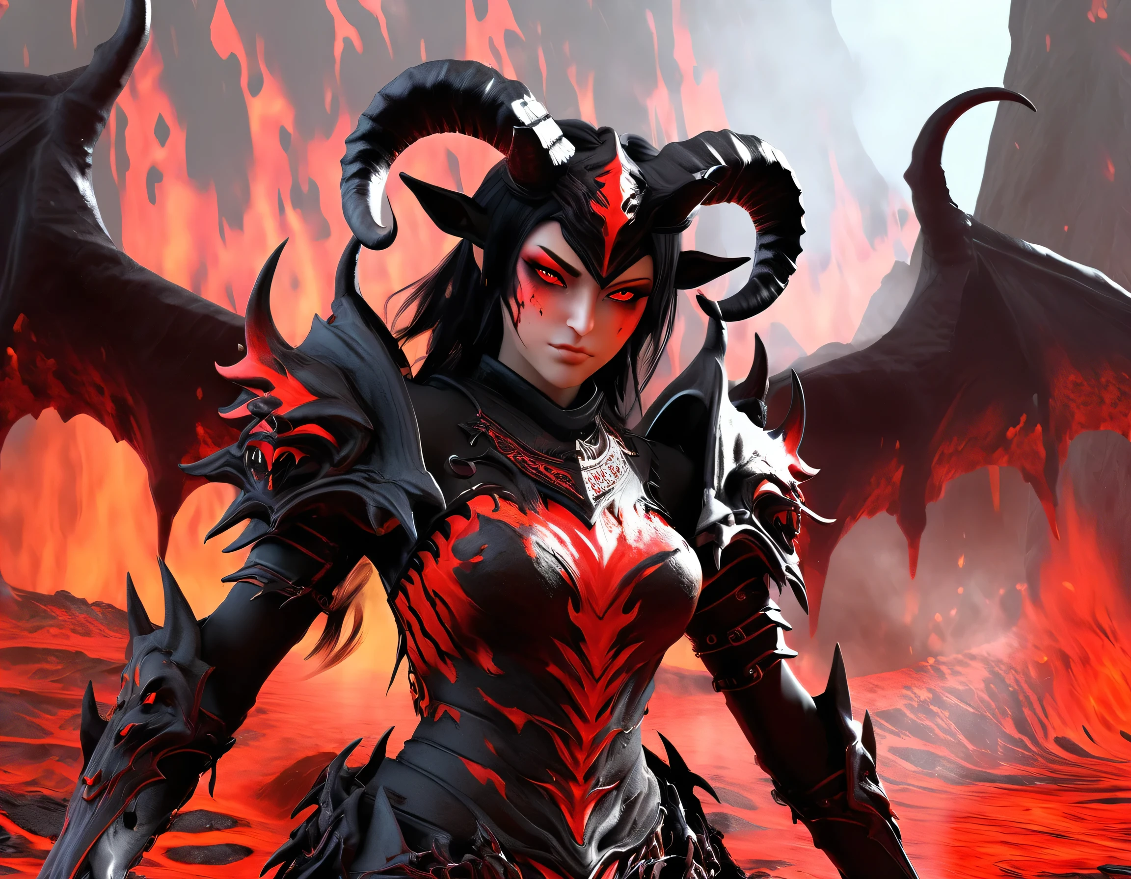 fantasy art, RPG art, masterpiece, a portrait picture o hellish female demon from hell, she has (black horns: 1.2), (black: 1.2) demon wings, (red: 1.3) skin, red lava dripping from her, she wears white armor, hdsrmr, streams of rolling lava, hell in the background, 3d rendering