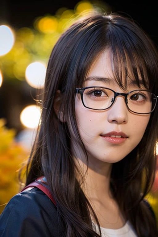(8k、Raw photo、highest quality、masterpiece:1.2)、(Realistic、Photorealistic:1.37)、Ultra-detailed、超A high resolution、1 girl、29-year-old、Seeing the viewer、Beautifully detailed face、smile、narrow、(Narrow waist) :1.3)、Beautifully detailed skin、Skin Texture、Floating Hair、Tie your hair together、(Mountaineering wear:1.4)、Professional Lighting、Barbecue area in autumn、camp site、(((Black square glasses )))、Human whole body、Black Hair、((Embarrassing appearance))、