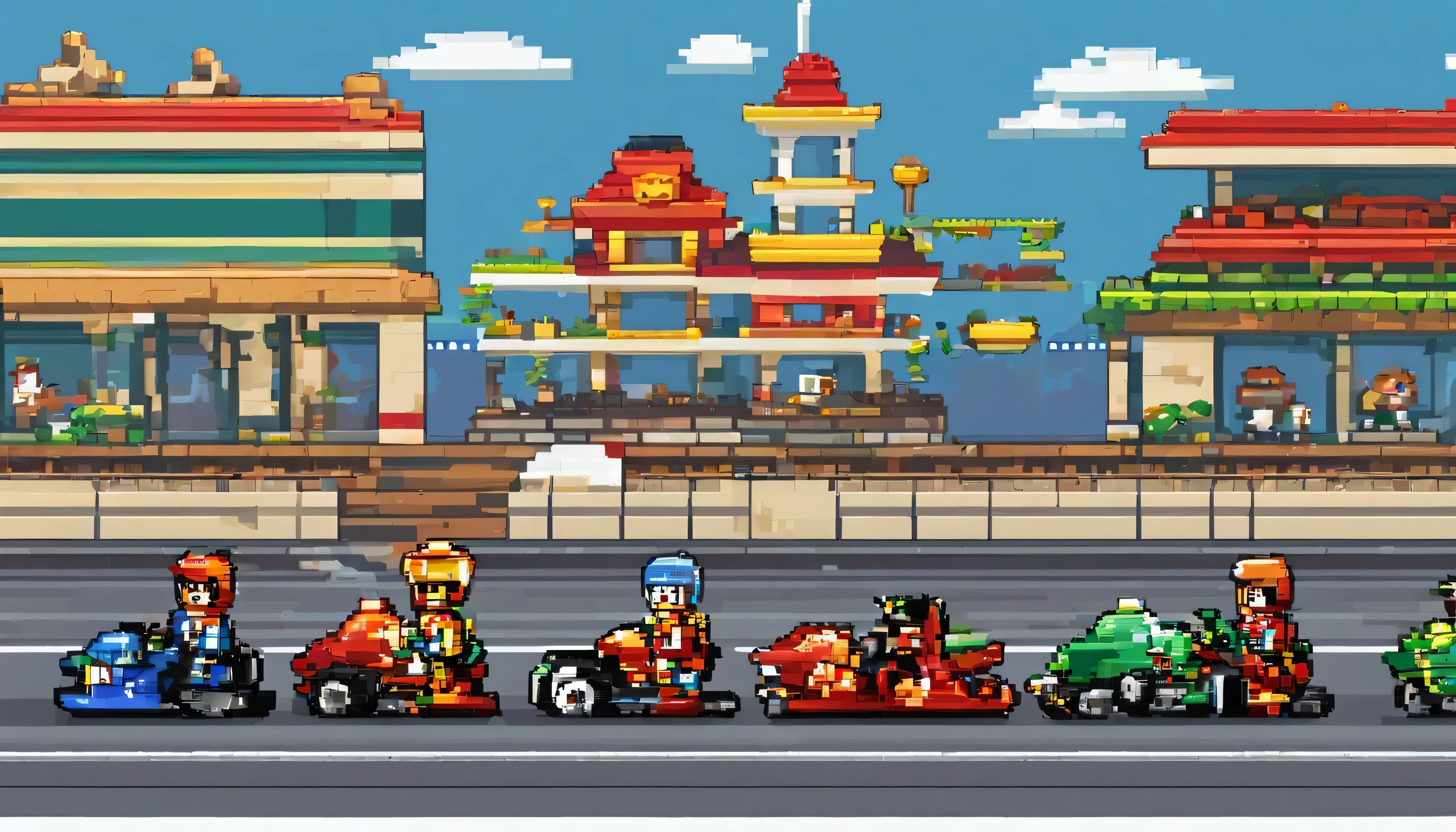Lego characters racing in race cars。Leading the way。