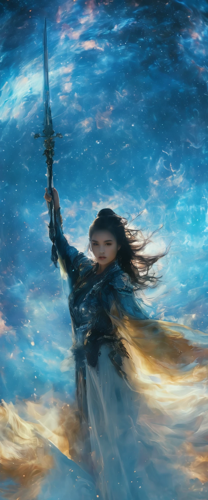 (best quality,4k,8k,highres,masterpiece:1.2),floating ,floating ,floating ,fullbody,anatomically correct,woman warrior,1sword,holding hilt,Galaxy glass armor,flowing dark hair,confident expression,courageous posture,strong physique,elegant silhouette,impressionistic style,,ethereal atmosphere,delicate brushstrokes,solo,Chinese beauty, floating in the starry sky