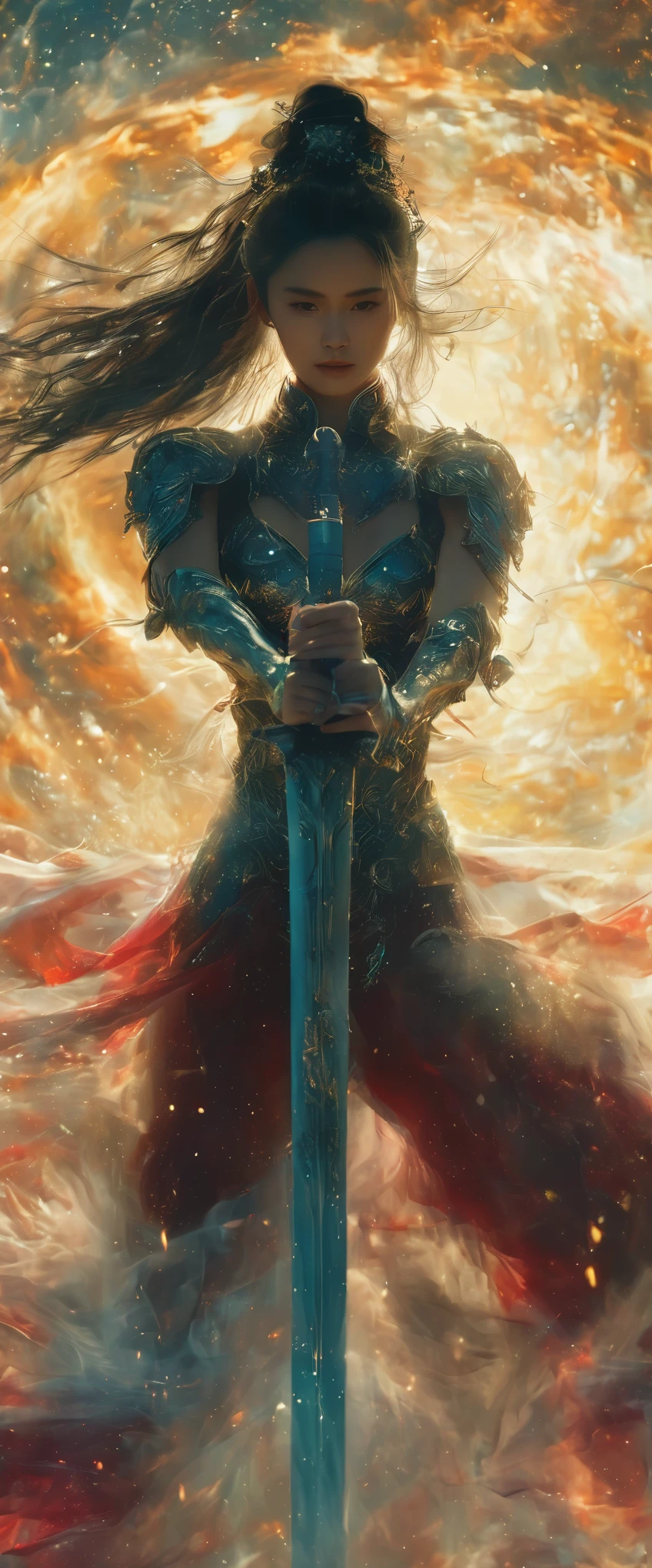 (best quality,4k,8k,highres,masterpiece:1.2),floating ,floating ,floating ,fullbody,anatomically correct,woman warrior,1sword,holding hilt,Galaxy glass armor,flowing dark hair,confident expression,courageous posture,strong physique,elegant silhouette,impressionistic style,,ethereal atmosphere,delicate brushstrokes,solo,Chinese beauty, floating in the starry sky
