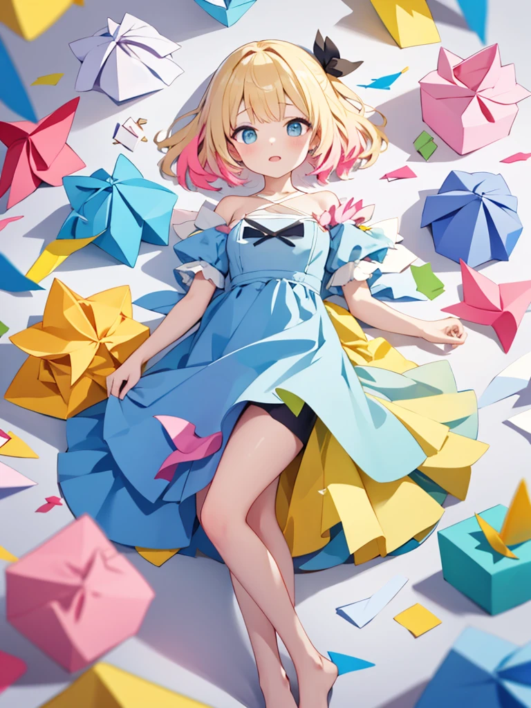 (masterpiece,ultra-detailed,best quality,8K,illustration,shaved:1.2),(petite girl:1.0) dr3ss, (pastel yellow blue pink), (multicolored dress), (origami),confetti,Paper cranes,orizuru