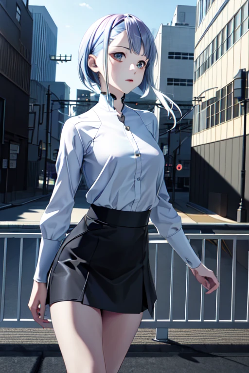 ((masterpiece)), ((highest quality)), ((High resolution)), ((Highly detailed CG Unity 8k wallpaper)), alone, tachibana kanade, Brown uniform, Black Skirt, White socks, Outdoor, face,  Hanging hair, Parted hair, Silver Hair