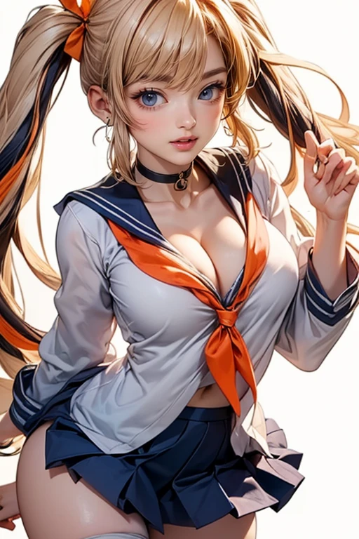 (cowboy shot: 1.5), (white background, simple background: 1.5), (masterpiece:1.5), (big breasts), 1 girl, young woman, (Beautiful Girl:1.5), (extremely detailed and delicate anime face and eyes:1.5), whole body, (natural light, HDR, extremely details CG:1.3), (dynamic posture:1.3), {correct body anatomy}, (wide hips:1.4), (perfect hands:1.3), single focus, toned body, Beautiful Lips, thick lips, {surreal}, {correct posture}, {minutes details}, {detailed body}, {detailed clothing}, {Bright Eyes}, (cleavage: 1.3), {accessories}, {sexy}, {solo}, , sailor suits, (school sailor suit: 1.5), white sailor uniform, (sailor fuku: 1.3), zettai ryoiki, (navy blue pleated skirt: 1.3), light brown skirt, (light brown shirt: 1.5), (light brown long sleeves: 1.3), (navy blue sailor collar: 1.3), serafuku, (white thighhighs: 1.5), white socks, ribbon, (red neckerchief: 1.3), red sailor tie, bracelets, white choker, dark brown loafers, earrings, (hair ribbon: 1.3), necklace, (light smile: 1.3), long hair, (two-tone hair: 1.5), (blonde hair with pink and orange streaks: 1.5), (long twintails: 1.5), (nape hair: 1.5), (sidelocks: 1.3), (aquamarine eyes: 1.3),