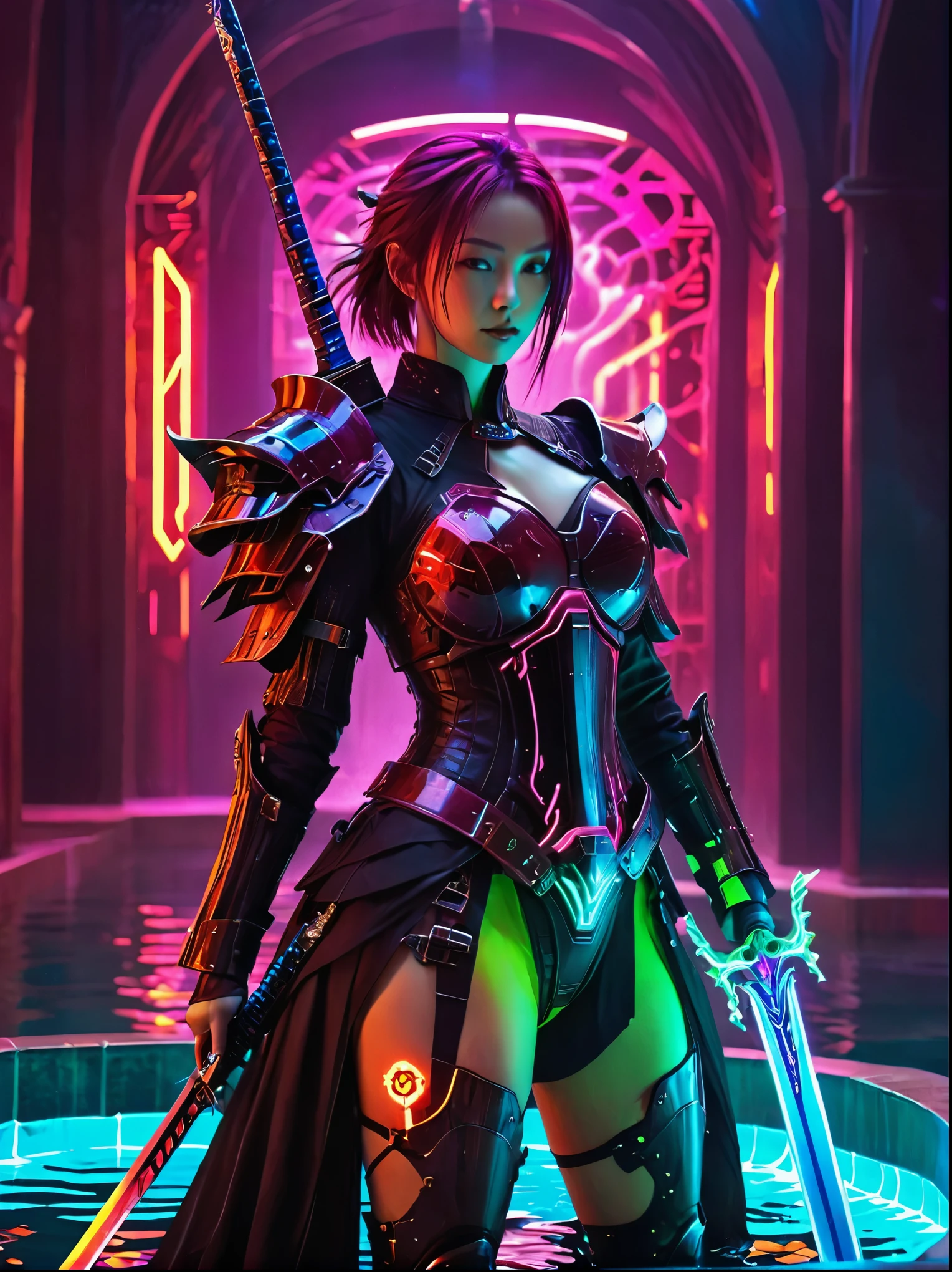 Cyberpunk helllady warrior in neon mecha armor，female swordsman Holding a sword in a pool of blood，solo，1sword，Luminescence&#39;s light eyes，Devil&#39;s Wings，Wide-angle lens，biology，weird，Creepy，nightmarish，Very bright neon colors，Light Particles，Luminescence，Best Photo of the Year Winner，the world on fire，Post-apocalyptic hellscape，Military photography，Epic Photo of the Yeare on the horizon，Epic movie shots，Pure form，Intricate details，8k，Post-production，high resolution，Super Detail