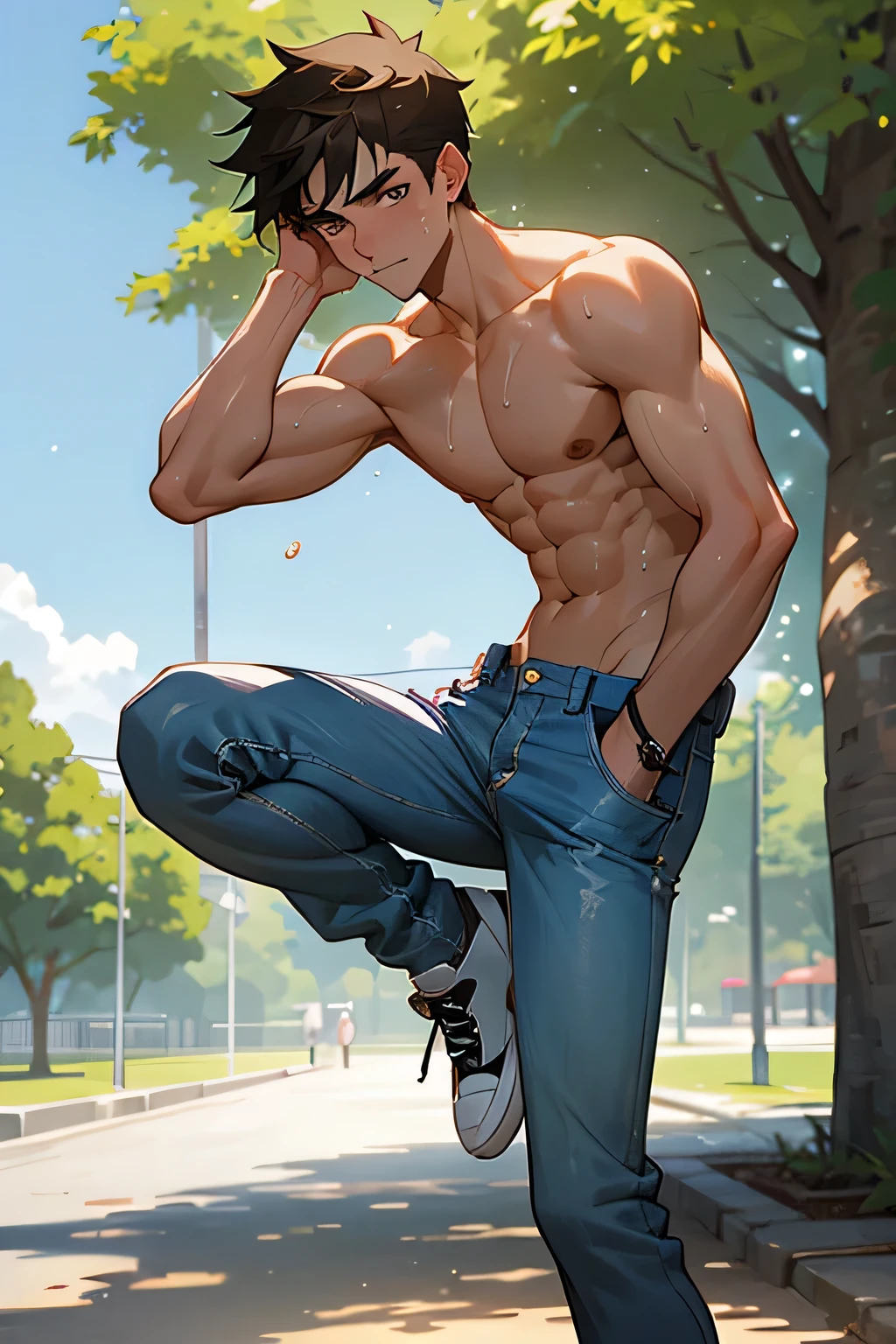 a shirtless, 21-year old handsome caucasian male in sagging jeans, sneakers, cute, handsome face, sweating profusely,, hands behind head, in the park