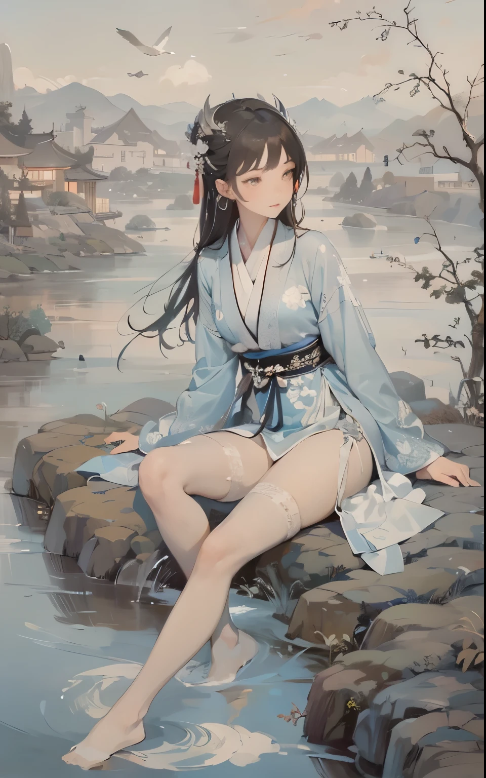 Painting of a woman sitting on a rock by the river, Details of Qiu Ying, PIXIV, Fantasy Art, full body xianxia, Beautiful character painting, Beautiful and charming anime woman, palace ， Girl wearing Hanfu, beautiful fantasy queen, Dress neatly. Sexy oil painting, yang qi, Attractive anime girl, Japanese Goddess，（Wearing white:1.5）