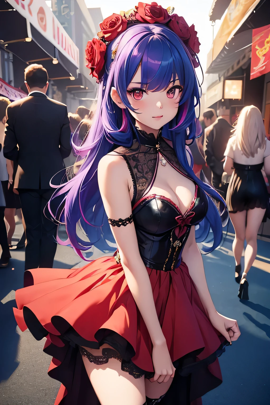 On the night, animated girl on a red carpet , festival, Evening dress, photographe in the background, flashes, the girl have rainbow colors hair's , light ambiance , dentelles, stockings, seductive animated girl, best rated on pixiv, Tendances sur ArtStation pixiv, Anya de la famille Spy X, female character'anime, du jeu vidéo Azur Lane, les gars, (animated girl), style voie d'Azur, lights effects, many colors, HD full details, high quality, different poses