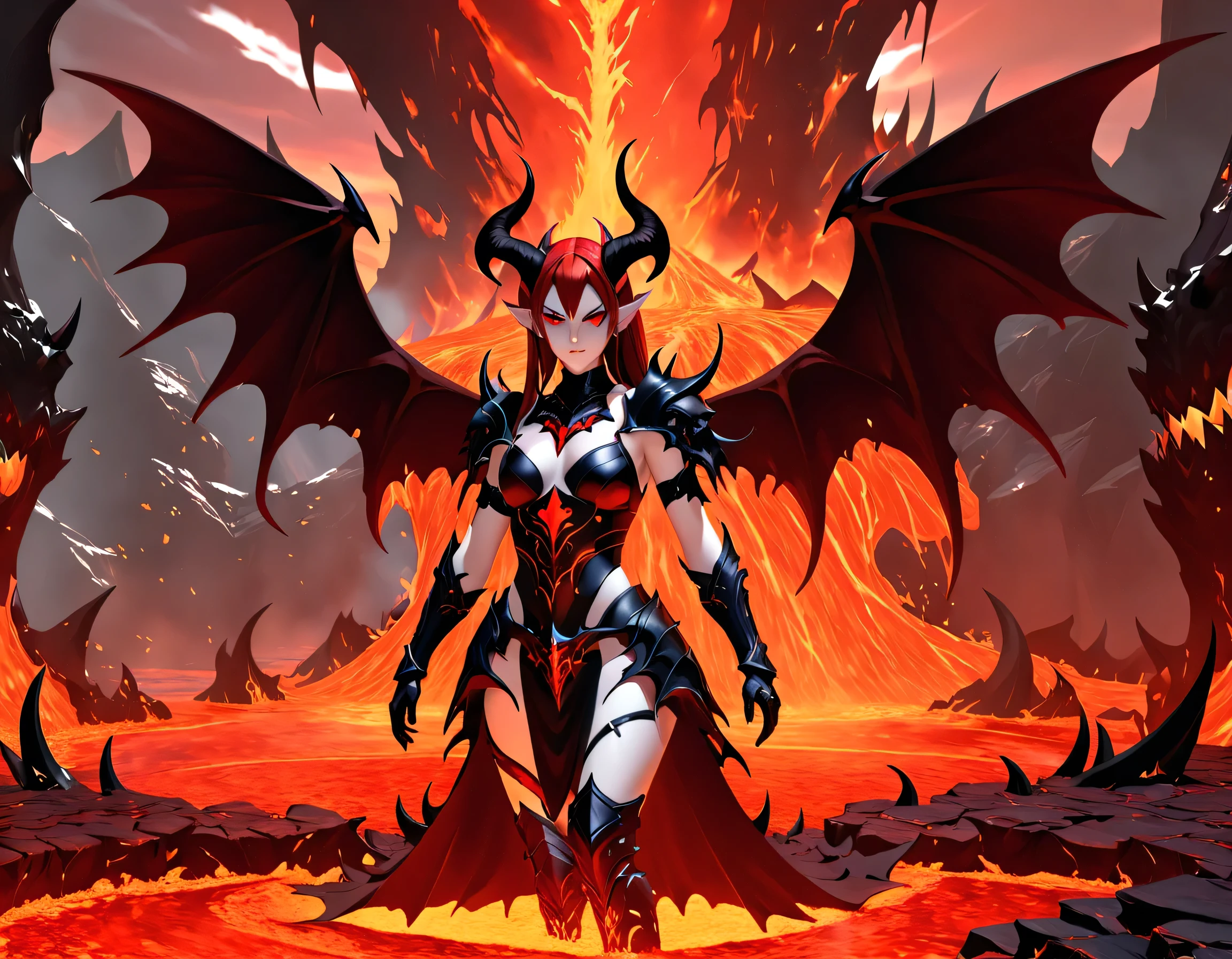 fantasy art, RPG art, masterpiece, a portrait picture o hellish female demon from hell, she has (black horns: 1.2), (black: 1.2) demon wings, (red: 1.3) skin, red lava dripping from her, she wears white armor, hdsrmr, streams of rolling lava, hell in the background, 3d rendering, shadow wings