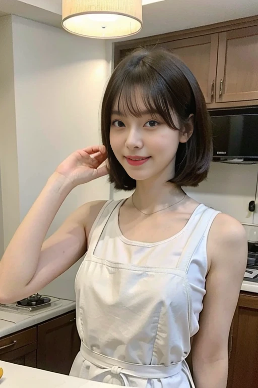 a woman is cooking、(kitchin_Apron:1.Wear 3)、Good Hand、4K、hight resolution、​masterpiece、top-quality、Cap:1.3、((Hasselblad photo))、Fine skin、sharp focus、(lighting like a movie)、Soft lighting、dynamic ungle、[:(Detailed face:1.2):0.2]、Medium chest、sweats streamed skin:1.2、(((In the kitchen))) A smile　Beautiful profile　Colossal tits　Beautiful body　Tying hair　Wide background々and a luxurious living room　Luxurious and luxurious living　Luxurious living room　Beautiful living room　Beautiful living room　A smile　an orange　lemons　A smile　Laughing　banana in　pineapple　Luxurious room　beautiful  lighting　Beautiful lighting　Very large room　very high image quality　very high res　8k Photos　Viewer's Perspective　Very gorgeous kitchen　Luxury Kitchen　white tank tops　White Apron　Millionaire Kitchen　Great kitchen　Luxury Kitchen　Luxury Illuminator　Very wide々and kitchen