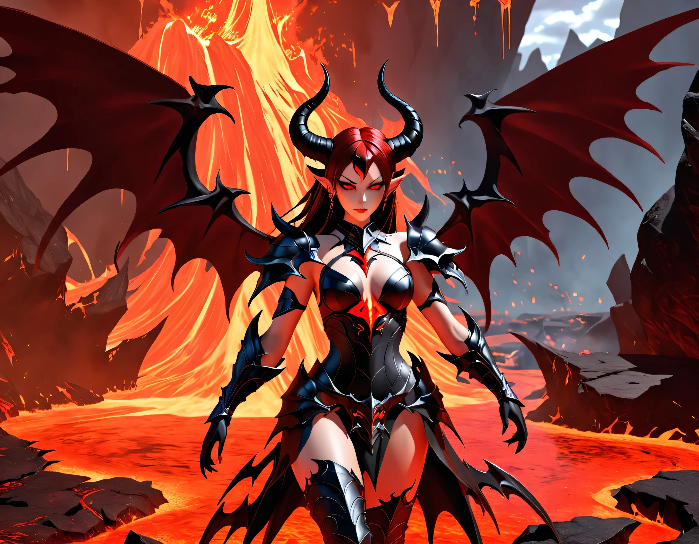 fantasy art, RPG art, masterpiece, a portrait picture o hellish female demon from hell, she has (black horns: 1.2), (black: 1.2) demon wings, (red: 1.3) skin, red lava dripping from her, she wears white armor, hdsrmr, streams of rolling lava, hell in the background, 3d rendering, shadow wings