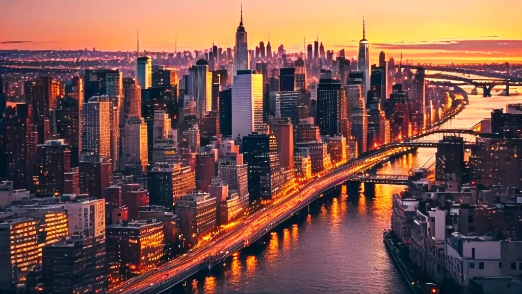 Aerial view of city skyline with bridge and river, Golden Hour in Manhattan, Sunset city view, New York City, Bustling streets, City view, Background city, Sunset in the city, Urban Background, New York City as backdrop, Background city, city dusk landscape, New York Background, Background city
