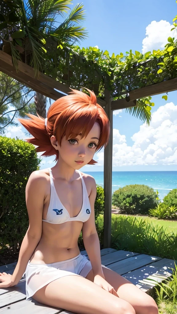 Misty de pokemon tomando sol topless en el jardin su ropa tirada a un lado en el suelo