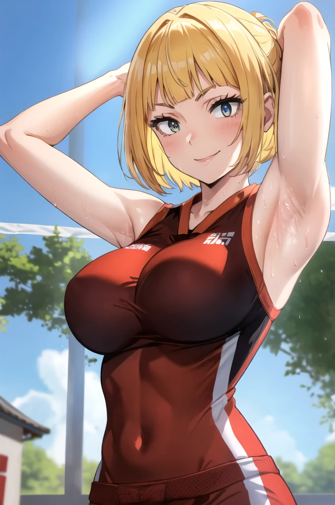 ((best quality)),((highly detailed)),masterpiece,absurdres,detailed face,beautiful face,(detailed eyes, deep eyes),1girl,((dynamic pose)), saeko tanaka, yellow hair, solo, bow, very large breasts, cowboy shot, chinese town, outdoors, seductive smile, looking at viewer, wearing orange volleyball uniform, put your hands behind your head, armpits, armpits visible, sweaty armpits,