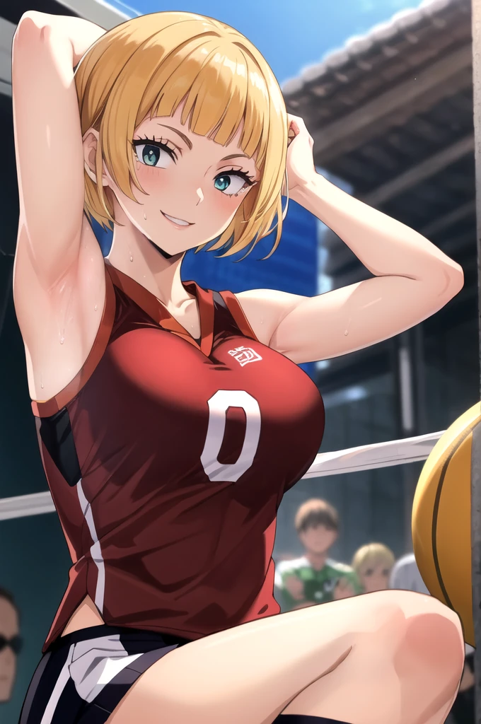 ((best quality)),((highly detailed)),masterpiece,absurdres,detailed face,beautiful face,(detailed eyes, deep eyes),1girl,((dynamic pose)), saeko tanaka, yellow hair, solo, bow, very large breasts, cowboy shot, chinese town, outdoors, seductive smile, looking at viewer, wearing orange volleyball uniform, put your hands behind your head, armpits, armpits visible, sweaty armpits,