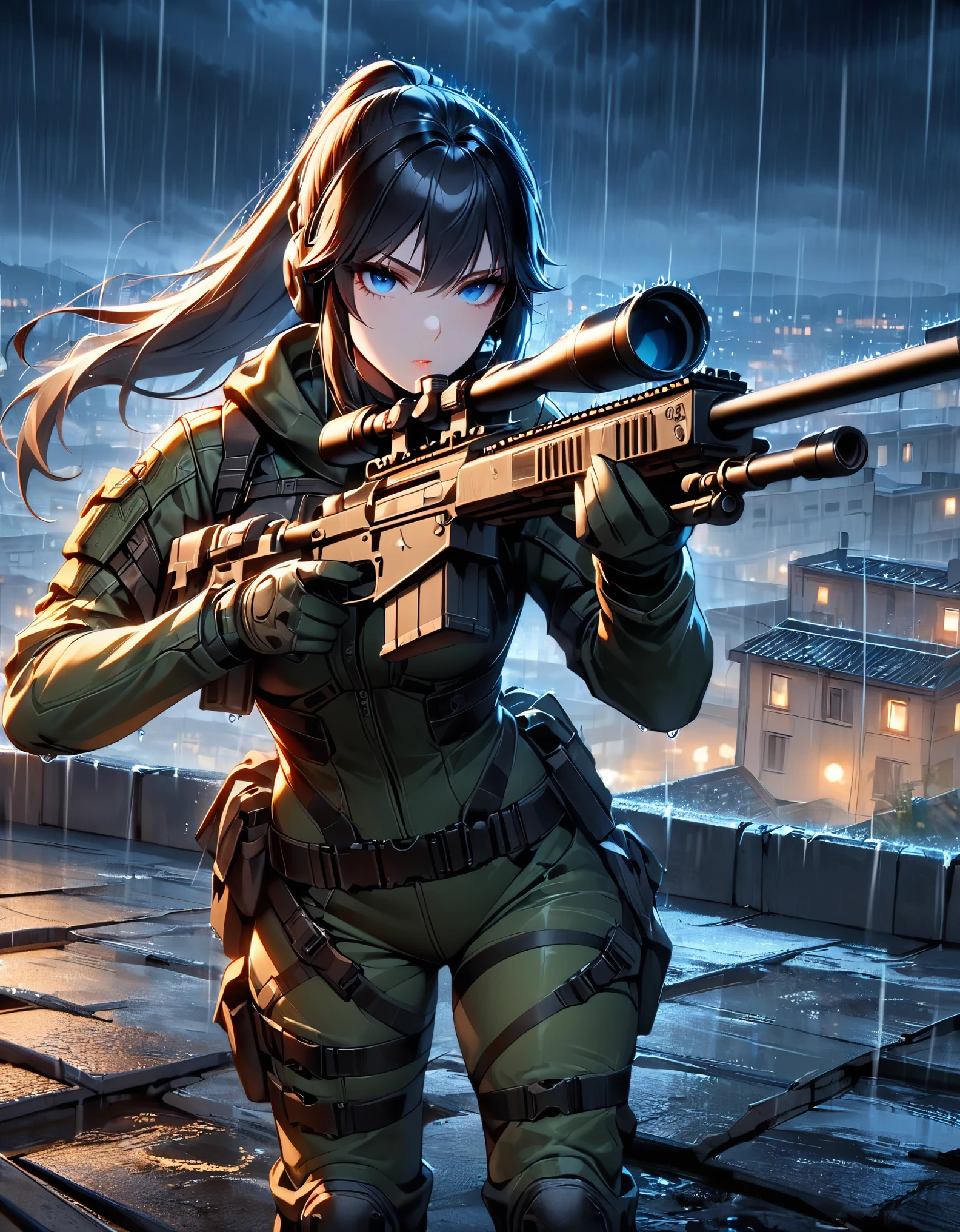 masterpiece, best quality, semi-realistic, 1girl, assassin, age 24, mature lady, black hair, long hair, ponytail, blue eyes, tall woman, holding and aiming a sniper rifle with suppressor and scope, tactical headset, rain, eastern european backdrop, night, rooftop, dark brooding atmosphere, green bodysuit, combat boots, calm and calculated, standing